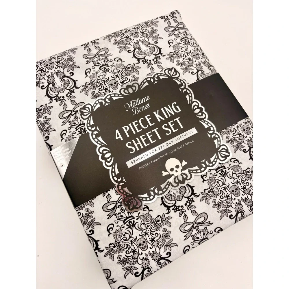Madame Bones King Sheet Set 4pc Gothic Skull Bat Damask Black Gray Halloween